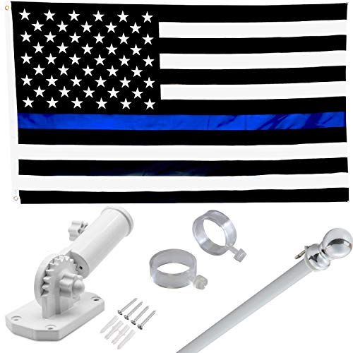 NatFlag Where the Pride Starts 6 Feet Tangle Free Spinning Flag Pole with Thin Blue Line Flag (3x5) - Police Flag with Embroidered Stars - Aluminum Flag Pole Bracket Adjustable for 180 Degrees