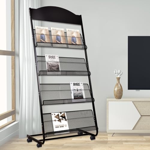 Kenpiko Floor-Standing Magazine Rack, 4-Layer Brochure Display Stand Tiered Design Magazine Stand Detachable Magazine Display with Casters for Exhibitions, Shopping Malls, Hospitals, Offices