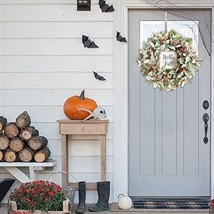 Bibelot Fall Decor Wreaths for Front Door 20 Artificial Lambs Leaves Wreath with Mini Pumpkin and Berries Green Autumn Wreaths for Inside Outside Wall Farmhouse Home Thanksgiving Festival Decor