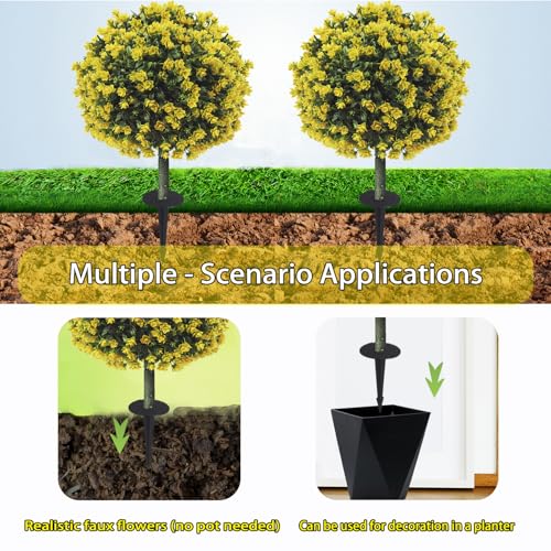 Set of 2 Artificial Boxwood Topiary Ball Trees with Yellow Flowers for Outdoor with Ground Spike 29.5", UV Resistant Faux Greenery Shrubs, Fake Plants for Garden, Porch, Patio Valentine's Day Decor