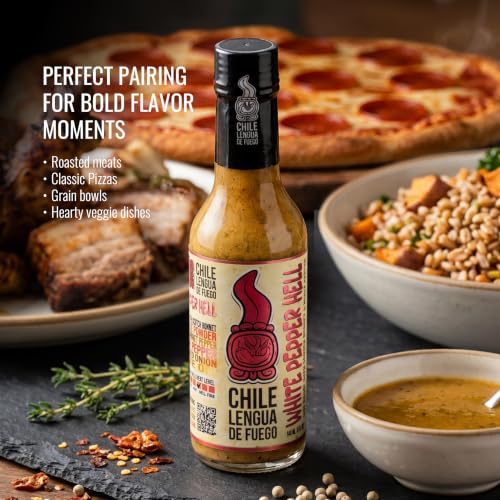 Image of Chile Lengua de Fuego White Pepper Hell - Scotch Bonnet & White Pepper Hot Sauce, Smoky Herbal Gourmet Heat, 5 oz Bottle (Pack of 1)