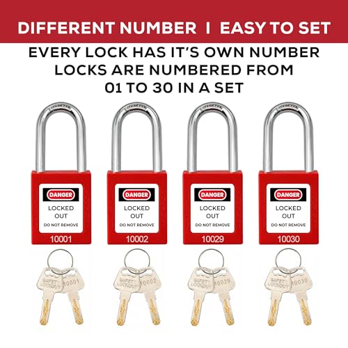 Image of Lockout Tagout Locks Set, Keyed Different 2 Keys Per Lock, OSHA Compliant Safety Padlocks, Red, 30 Pcs Safety Padlocks with 30 Lock Out Tag Out Tags for Loto Kit Stations and Devices, G01Tags