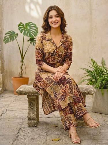 Image of Women's Cotton Blend A-line Printed Kurta with Palazzo Set | Officewear Kurta Set for Women