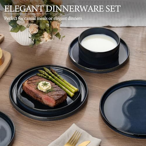 Image of E-far Stoneware Dinnerware Sets for 2, 6-Piece Plates and Bowls Sets, Chip & Scratch Resistant Ribbed Dish Set for Home Restaurant, Microwave & Dishwasher Safe, Midnight Blue