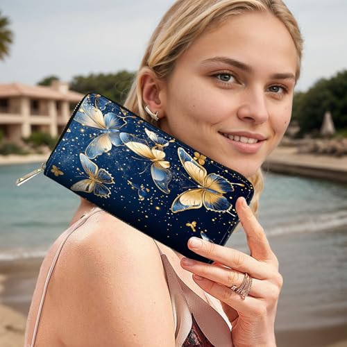 Image of RFID Blocking Leather Wallet for Women - Large Capacity Zip Around Clutch with 8 Card Slots,21 Cash Pockets & Coin Zipper,Butterfly