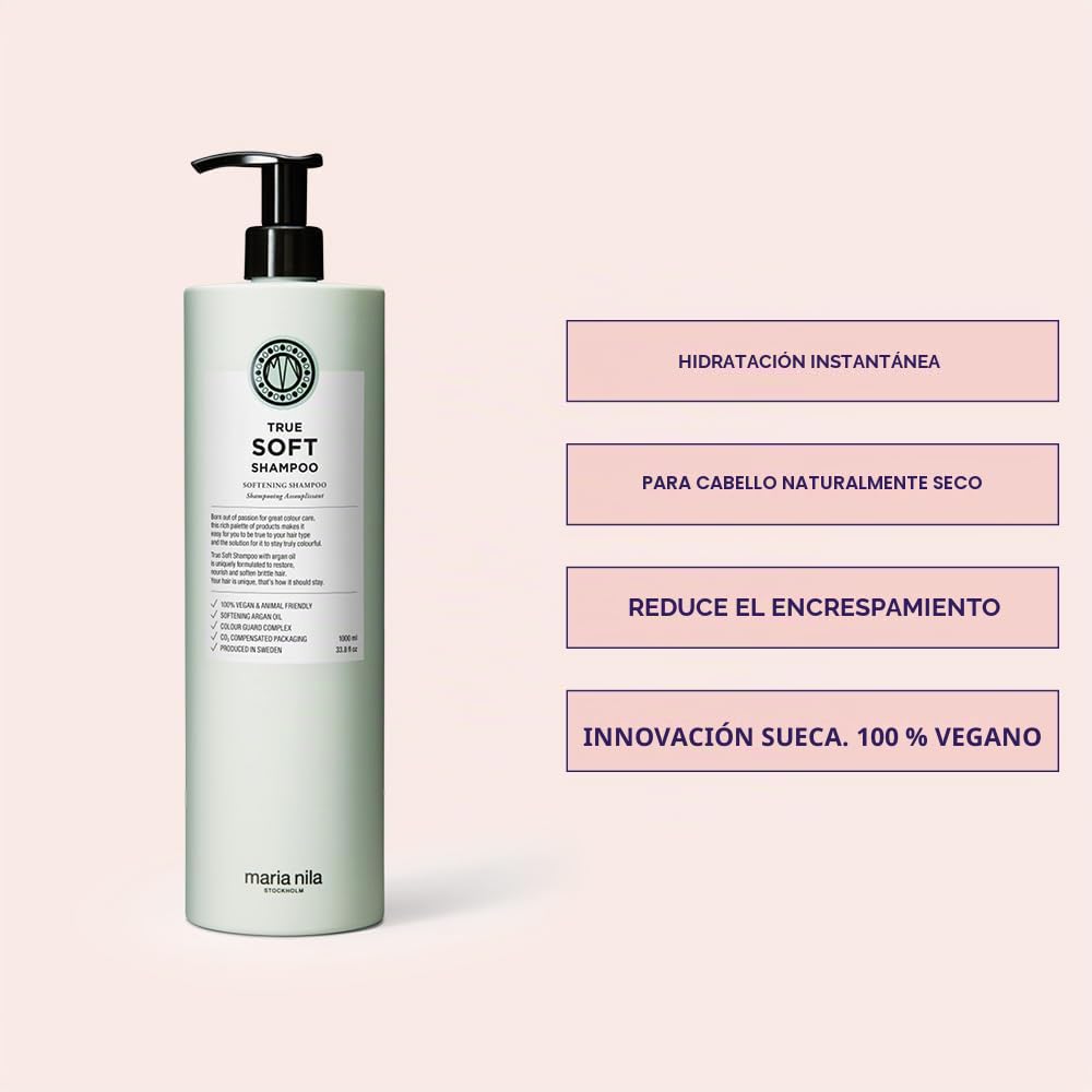 Maria Nila True Soft Champú Hidratante para Cabello Seco | El aceite de argán hidrata, suaviza y reduce el encrespamiento para un cabello brillante. 100 % vegano