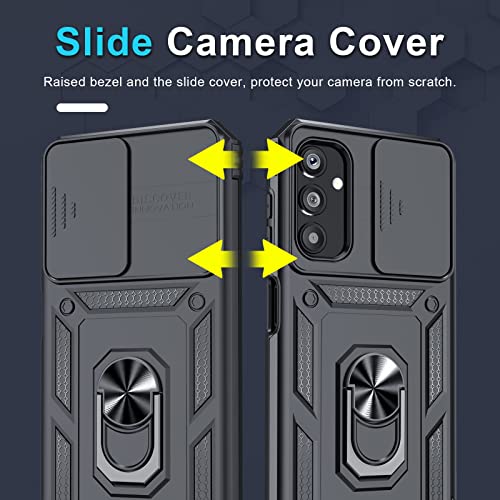 Janmitta Samsung Galaxy A14 5G Case Built In Slide Camera Lens Cover And Screen Protector,Heavy Duty Shockproof Full Body Protective Phone Cover,Built In Finger Ring Stable Holder Kickstand,2023 Black #TOP2