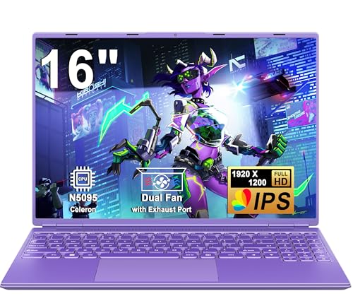 NOTODD Ordenador Portátil 16 Pulgadas Celeron N5095 Up to 2.9Ghz, Portátil Win 11 con 5G WiFi 12+512GB SSD Expansión 1TB, BT 4.2 Mini Puerto Multimedia Portatiles Morado