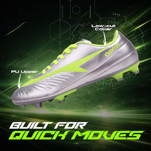 Image of AIVIN Ferro Football Shoes | Lightweight PU Synthetic Upper | Reinforced TPU Bladed Outsole | Cushioned Inner Lining | Stitchless Construction | Premium Silver Neon Green Design | Firm Ground Soccer Studs