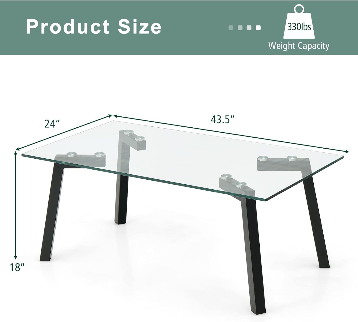 Tangkula Tempered Glass Coffee Table, Rectangular Center Table with Heavy Duty Metal Frame, Modern Cocktail Table, Clear Tea Table for Living Room Reception Office, 44 x 24 x 18 Inch