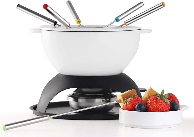 Artestia 11-Piece Cast Iron Fondue Set with Adjustable Burner 6 Colored Forks, 5-Cup White Cheese Fondue Pot, Perfect for Chocolate, Caramel, Meat, 4-6 Person