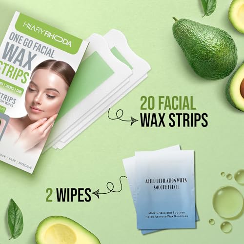 Image of Hilary Rhoda Women One Go Facial Wax Strips | Avocado Oil Extract | Ready-to-Use for Upper Lip, Chin & Cheeks | Hair Removal Strips with 2 Wipes | Painless, Quick & Gentle Waxing | 20 Strips