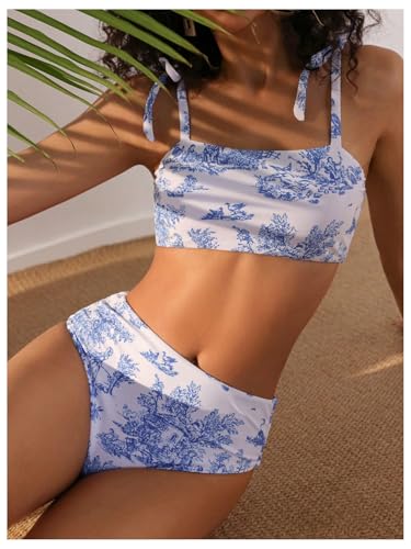 Floerns Women's Tie Shoulder Bikini Swimsuit Floral High Waisted 2 Piece Bathing Suit3