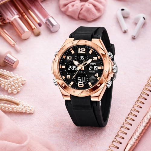 Image of V2A Aura Edge 40mm Analog Digital Watch for Women | Modern Everyday Style | Alarm Stopwatch Backlight Day Date | Comfortable TPU Strap | 50M Water Resistant | Gift for Ladies