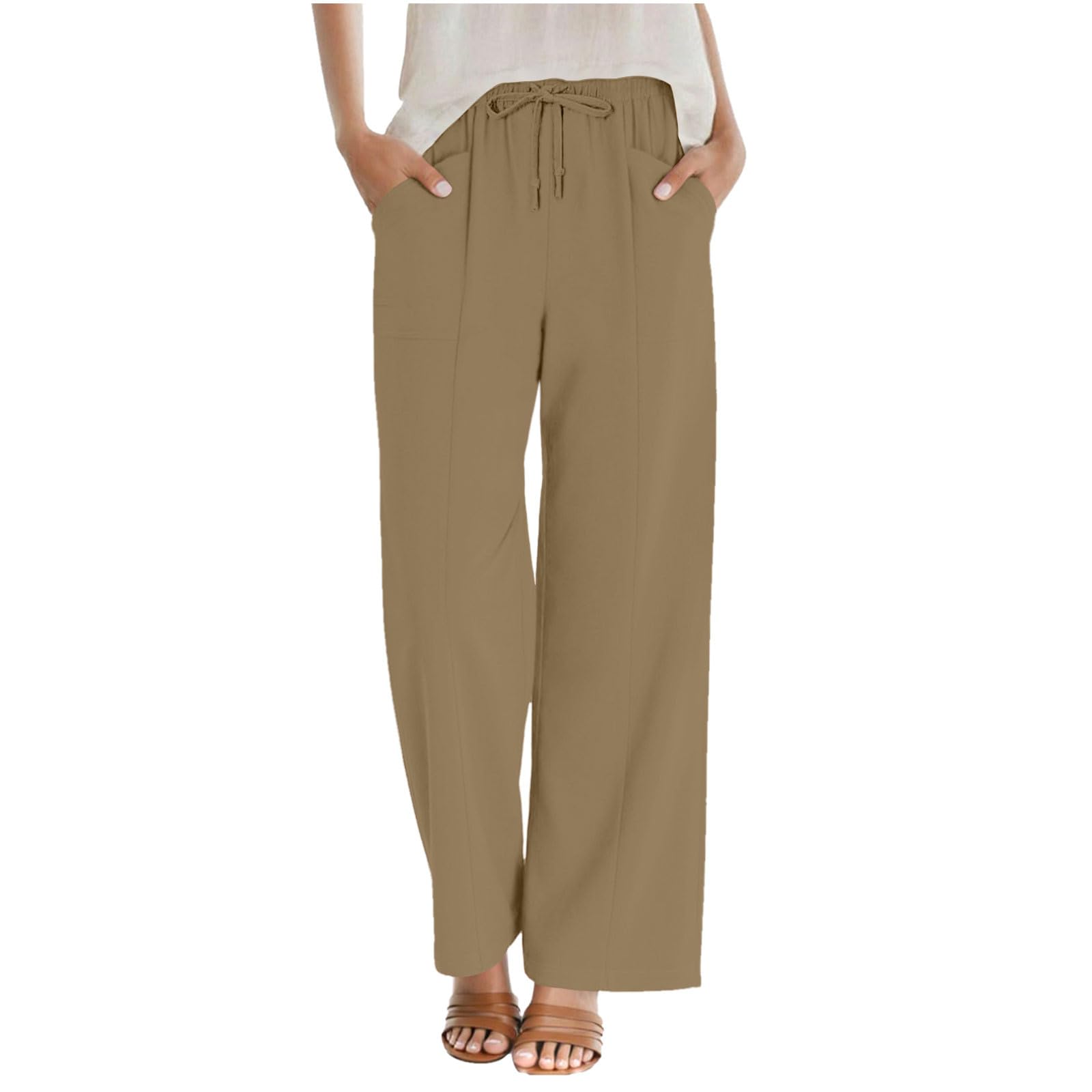 Pantalon Lin Femme été Coton Et Lin Baggy Confortable Pantalons Mode Fluide Ample Jambe Droite Taille Haute Elastique Pantalon D'été avec Cordon De Serrage Et Poches Coupe Décontractée