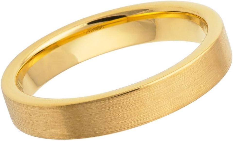 Tungsten Carbide 4mm Flat Gold Ring – Brushed Matte Finish with Polished Interior, Minimalist Comfort Fit Wedding or Promise Band for Women & Men