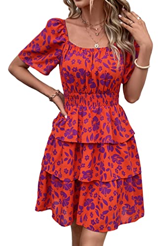 Image of PRETTYGARDEN Women's Summer Floral Ruffle Short Dress | Short Sleeve Square Neck, Flowy Tiered Hem, Fit and Flare, Flower Boho Dresses, Cute Beach Vacation Outfits, Fashion Clothing