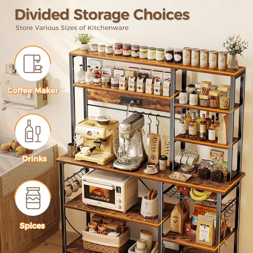 Image of SUPERJARE Larger Bakers Rack with Power Outlets, 6-Tier Microwave Stand, Coffee Bar with 12 S-Shaped Hooks, Kitchen Shelf with Wire Basket, 47.2 x 15.5X 66.9 Inches, Rustic Brown