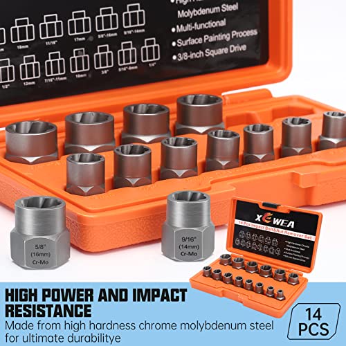 Image of XEWEA Professional 14PCS Bolt Extractor Set, 3 /8 inch Drive Impact Stripped Bolt Remover Socket Set for Removing Damaged Broken Rounded Off Bolt & Nut, Impact Grade Cr-Mo Steel with Case