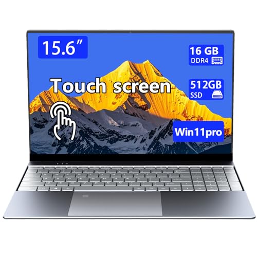 Image of 15.6-inch touchscreen portable laptop, with high-end all-metal body,16GB DDR4+512GB SSD, N95 quad-core 3.4GHz processor, fingerprint recognition and backlit keyboard,1920x1080, supports WiFi,Win11