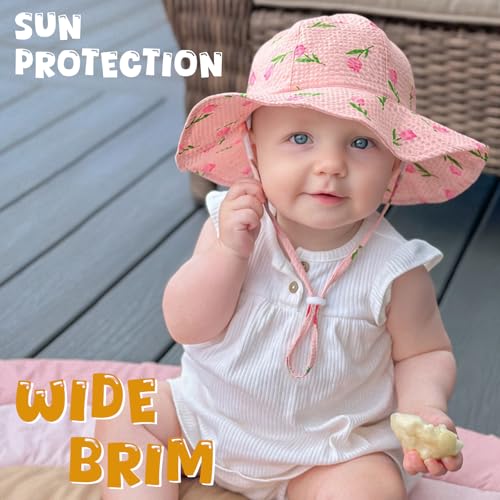 Image of HONGTEYA Baby Sun Hat Toddler Girl Beach Hat Sun Protection Adjustable Outdoor Summer Wide Brim Bucket Hat for Infant Kids