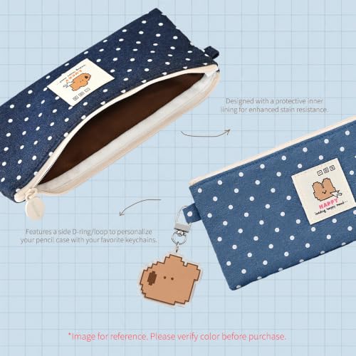 Image of Monolike Happy and Lucky Denim Dot pen case, Navy - Slim Corduroy Style Cotton Pen Pouch, Cute Aesthetic Pastel Stationery Organizer for Office