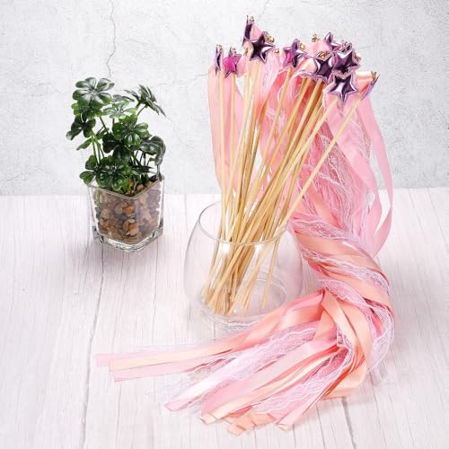 Image of 24 Pack Fairy Wands, Ribbon Lace Fairy Wands with Bells, Decorative Silk Stick with Streamers for Wedding Birthday Party, Pretty Pentagram Ribbon for Girls
