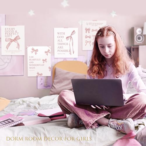 Image of LARTSFRO Coquette Pink Bow Wall Art Decor Posters, Blush Pink Bow Room Bedroom Bathroom Dorm Wall Art Decor Aesthetic for College Teen Girls Gifts, Inspirational Bible Verses Bow Wall Decor, 10x8 Inch Set of 4 Pcs Bow Pictures (UNFRAMED)
