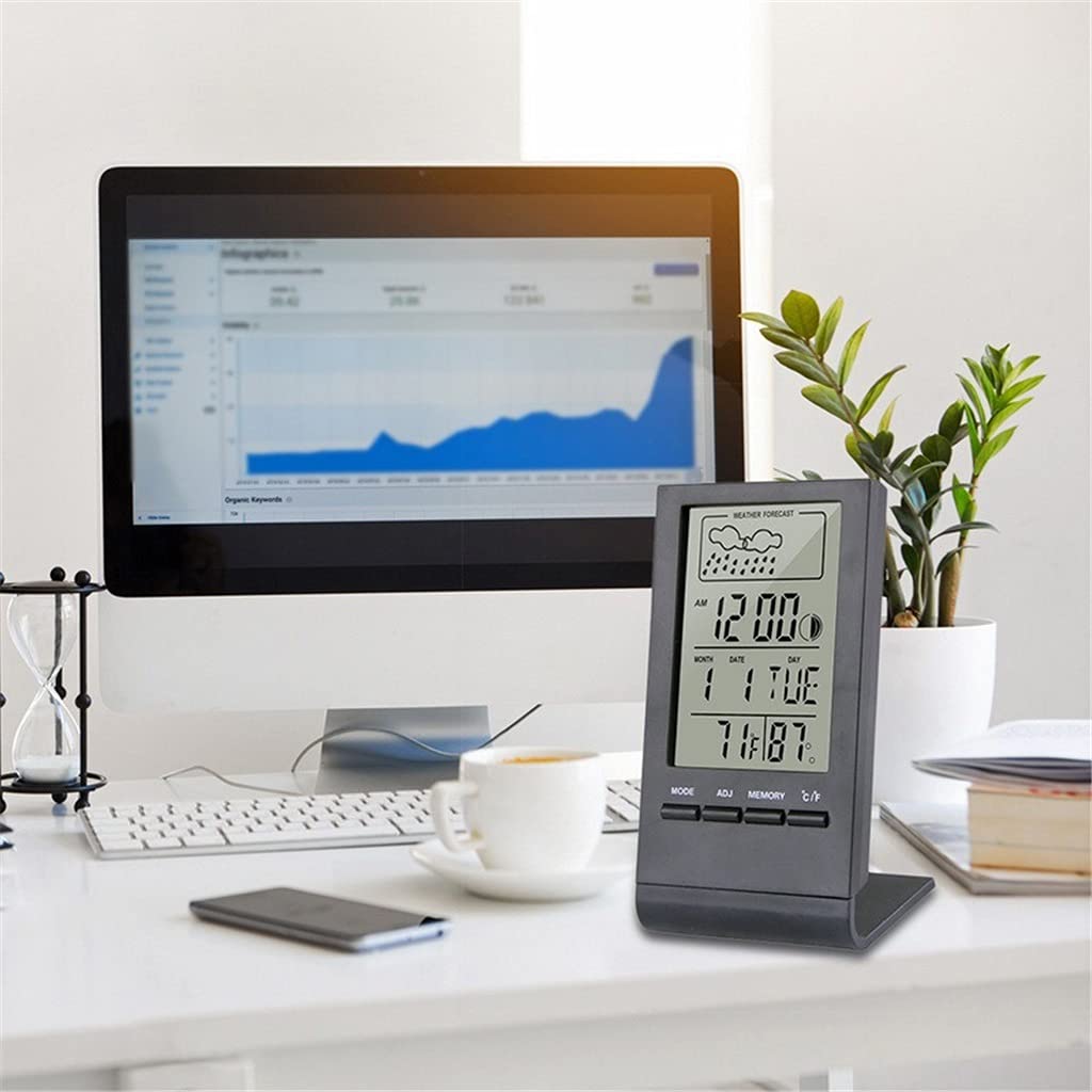 Cyfrowy termometr LCD, higrometr, stacja pogodowa do użytku wewnątrz i na zewnątrz, automatyczny elektroniczny monitor temperatury i wilgotności, zegar，Svart