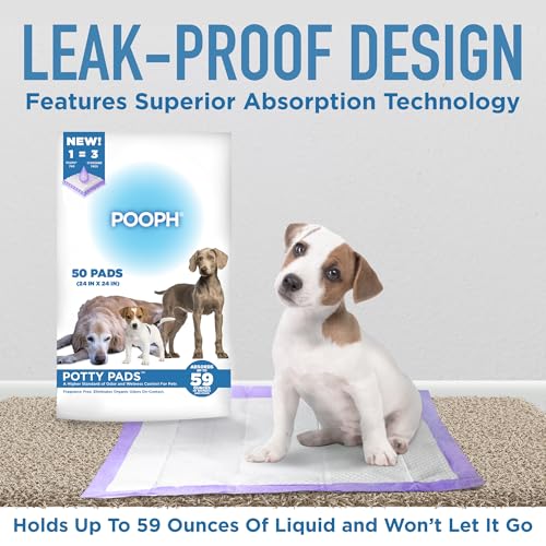 POOPH-Potty-Pads-for-Puppies-to-Senior-Sick-or-Housebound-Pets-Absorbs-up-to-59-oz-Eliminates-Organic-Odor-On-Contact-Leak-Proof-Track-Proof-Quick-Dry-Disposable-Large-24×24-Pads-50ct POOPH Potty Pads for Puppies to Senior Sick or Housebound Pets Absorbs up to 59 oz Eliminates Organic Odor On Contact Leak Proof Track Proof Quick Dry Disposable Large 24×24 Pads 50ct