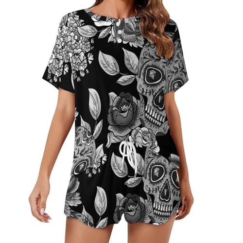 Ensemble pyjama femme manches courtes au design crâne bicolore et fluide