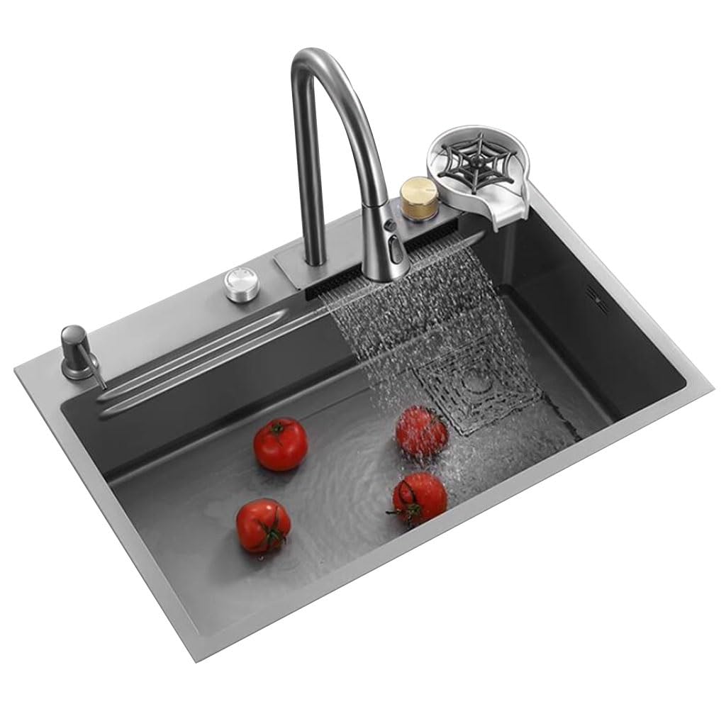 LMYSXAOZ Single Bowl Gray 304 Stainless Steel Siphon Sink Multifunctional Kitchen Household Dishwashing Dishes Basin Large (Color : Grigio, Size 68 * 46 22cm)
