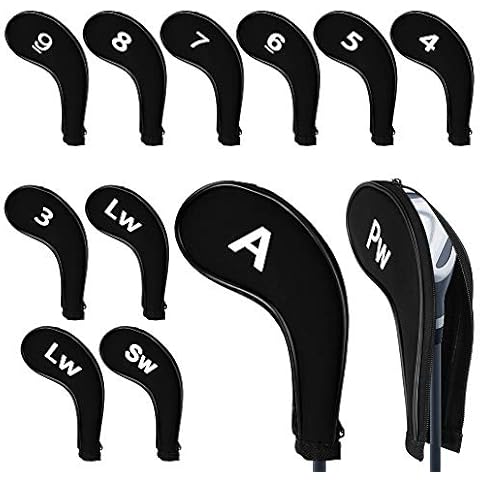 WIOR Golf Club Head Covers, 12Pcs Neoprene Zippered Golf Wedge Iron Covers with Large Number Tags & Long Neck, Protective Mesh Golf Iron Head Covers for Men Women, Fit for Most Standard Irons (Black) Cover