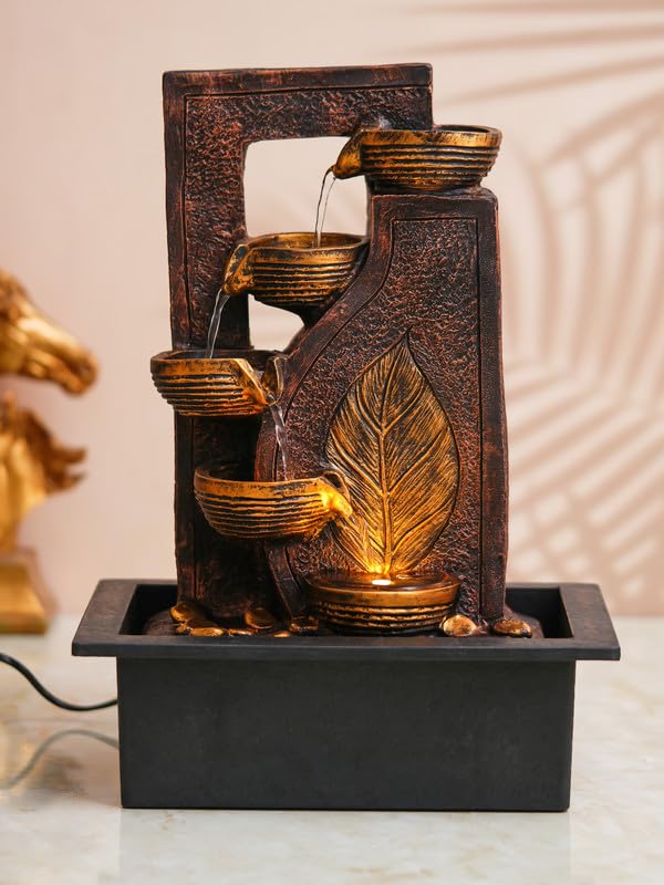 Image of Polyresin Table Top Brown 4 Diya Steps & Golden Leaf Design Indoor Waterfall Fountain for Home Decor with LED Lights & Speed Controller Pump (Size: 40 x 29.5 x 22CM | Weight: 2250grm)