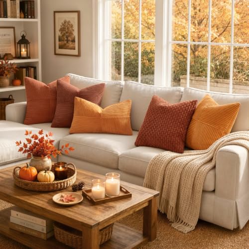 Image of MIULEE Burnt Decorative Euro Sham Pillow Covers 24x24 Inch for Bed Couch Sofa Pack of 2 Fall Boho Farmhouse Throw Pillows Soft Cross Corduroy Patchwork Textured Cushion Cases