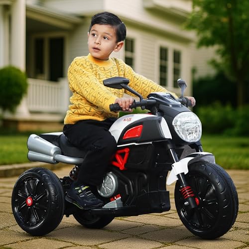 Kidsmate Blaze Rider Electric Bike for Kids for Age 3-7Y | 6V Dual Battery with USB/MP3 Player, LED Lights, Front & Rear Suspension | Easy-to-Carry Handle & Button Start | Max Load 50 kg - Black/Red