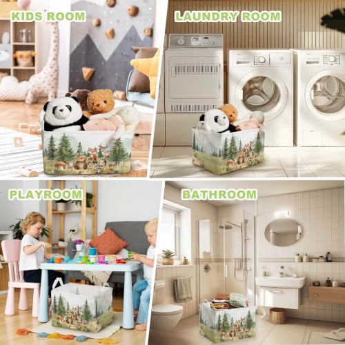 Image of Cute Animals Storage Baskets, Woodland Nursery Decor, Woodland Baby Shower Decorations, Large Squarecanvas Laundry Hamper With A Waterproof PECoating, Foldable Kids Toy Clothes Bins for Bedroom