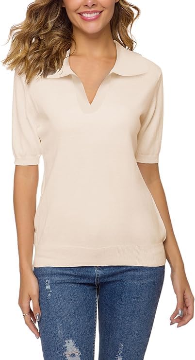 DAIMIDY Women Short Sleeve Sweater Polo Pullover Knit Shirt Solid Lapel V Neck Casual Soft Tops