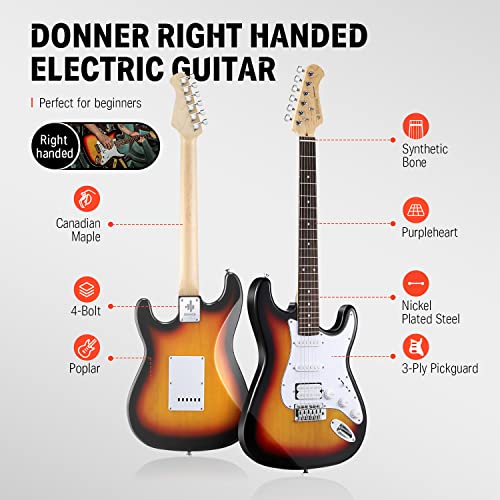 Image of Donner 39 Inch Electric Guitar Beginner Kit Sunburst Full-Size Starter Package HSS Pick Up with All Accessories Amp Online Lesson Bag Tuner Capo Strap String Amp Cable Picks DST-100S