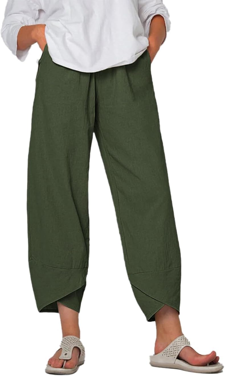 LIZALIG Womens Cotton Linen Pants Capri Pants Elastic Waist Wide Leg Plus Size Solid Casual Lightweight Trousers with Pockets