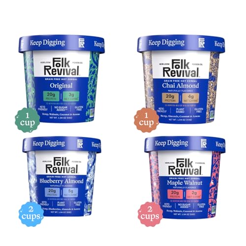 Folk Revival Variety Pack Keto Instant 'Oatmeal' - 20g of Protein, Low Carb, High Fiber, 2 Blueberry, 2 Maple Walnut, 1 Chai Almond, 1 Original - 6 Cups Per Case