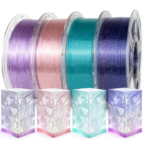 Image of IEMAI Glitter Clear PETG Filament 1.75mm 4kg Bundle, Sparkly Transparent Finish 3D Printer Filament 1kg Spool 4 Rolls Purple+Pink+Sky Blue+Blue-Purple, for Most FDM 3D Printers