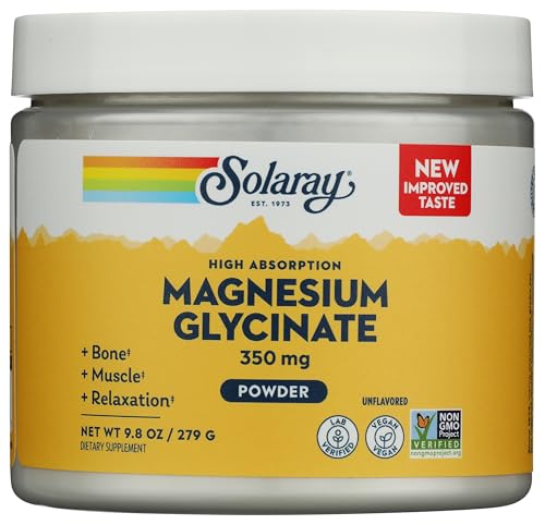 SOLARAY Magnesium Glycinate Powder 350 mg - Unflavored Magnesium Powder - Magnesium Supplement for Bone, Muscle, and Relaxation Support - Vegan, Non-GMO, 60-Day Guarantee - 50 Servings, 6 OZ