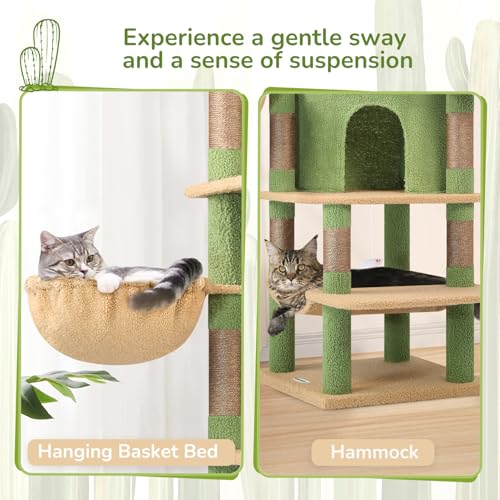 Image of Globlazer Cactus Corner Cat Tree Tower for Large Cat, 66inch Tall Large Cat Tree Condo for Multiple Indoor Cats with 6 Scratching Posts, 2 Spacious Cat Condos, Soft Hammock, Hanging Basket, C66, Green