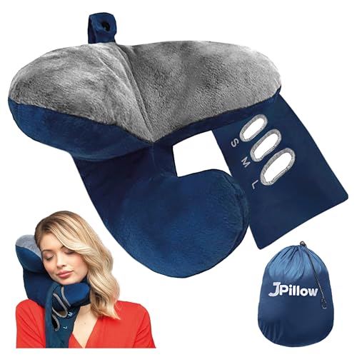 Travel Pillow - Upgraded with Patented Stabilising Scarf - British Invention of The Year - Unique Chin Support - Perfect for Side Sleepers and All Sleeping Positions - One Size Fits All (Blue/Gray)