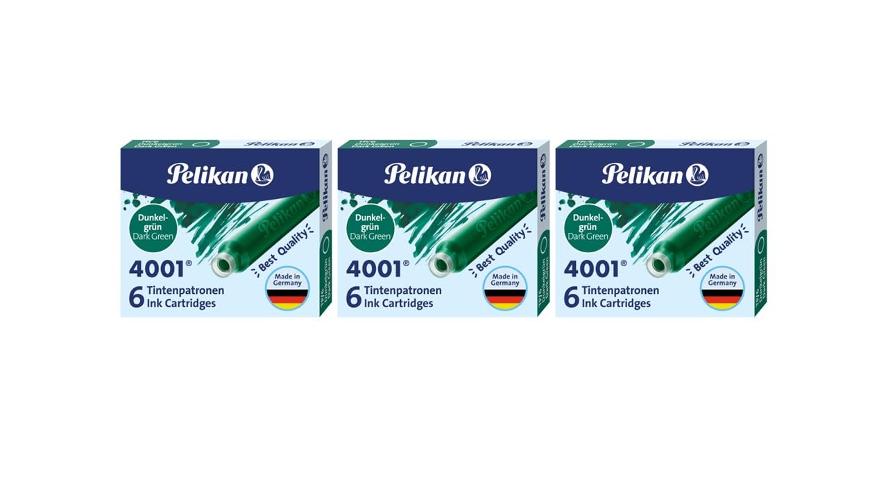 Pelikan Fountain Pen Ink Standard Cartridge 4001|Pack of 18 (3 x 6) Cartridges |Dark-Green