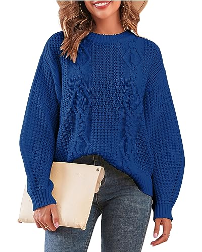 Image of ZAFUL Womens Sweater Cable Knit Oversized Sweaters Crewneck Long Sleeves Casual Knit Pullover Tops