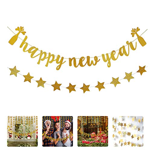 UNOMOR Happy New Year Banner, New Year Sign for New Years Eve Party Supplies, Glitter New Year Banners Flag Beautiful Party Buntings 1 Set 2 Pcs ( Golden )
