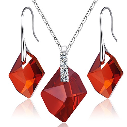 Preisvergleich Produktbild Frauen Kristall Schmuck Set Glücksstein Damen Ohrringe Anhänger Halskette Geburtstagsgeschenk für Tochter Mutter Oma(Rot)