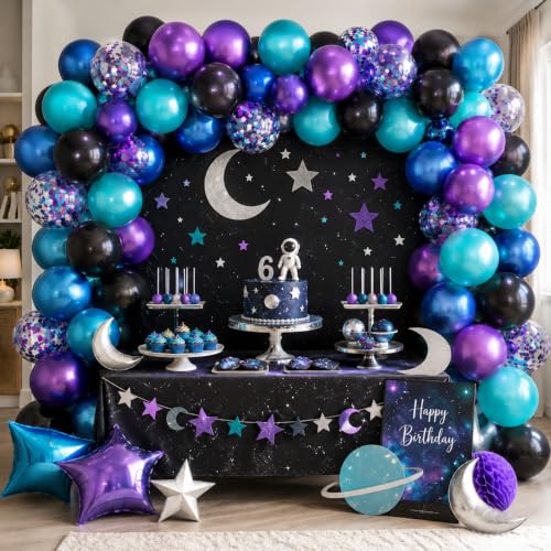 Image of Black Purple Blue Balloons 60 Pcs 12 Inch Metallic Blue Purple Teal Confetti Balloons for Space Birthday Party Galaxy Party Decorations and Teal and Blue Birthday Decorations